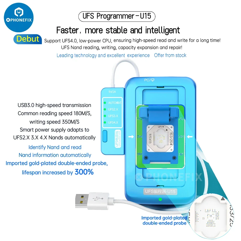 JCID UFS Programmer U15 Box for BGA315 BGA254 BGA297 UFS2.X 3.X 4.X NAND Chip Identify Reading Writing USB3.0 Fast Transmission