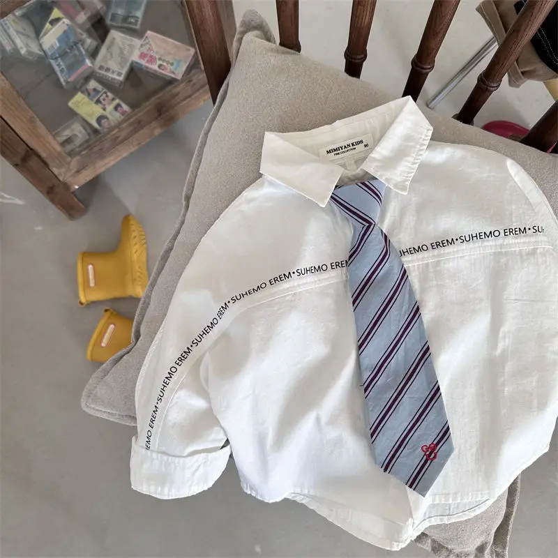 

Children's Shirt 2024 Spring New Boys and Girls' Letter Tie Long Sleeve Baby Academy Style Simple White Shirt