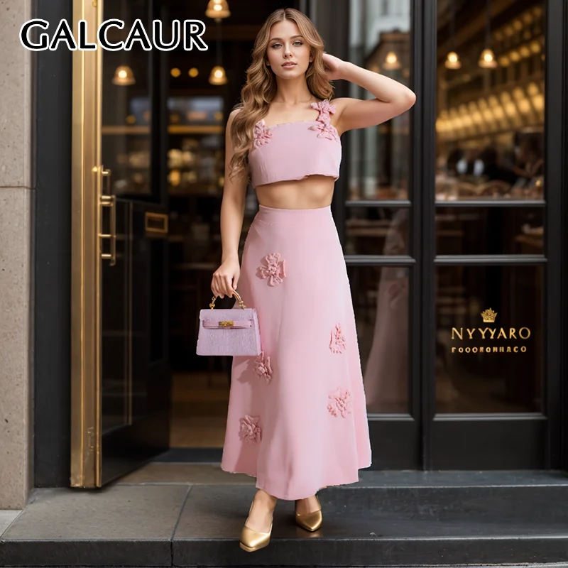 GALCAUR Elegant Two Piece Set For Women Square Collar Sleeveless Top High Waist A Line Skirt Patchwork Appliques Sets Female New