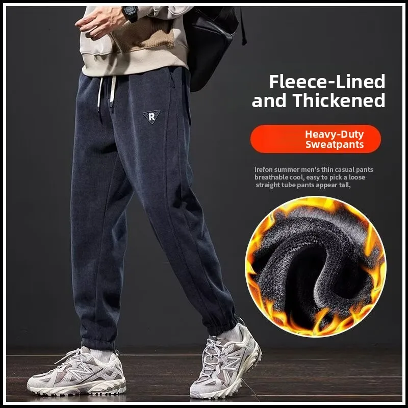 

Men's Corduroy Sports Pants High Waist Straight Leg Length Winter Thiened Embroidered Loose Cuffed Casual Trousers