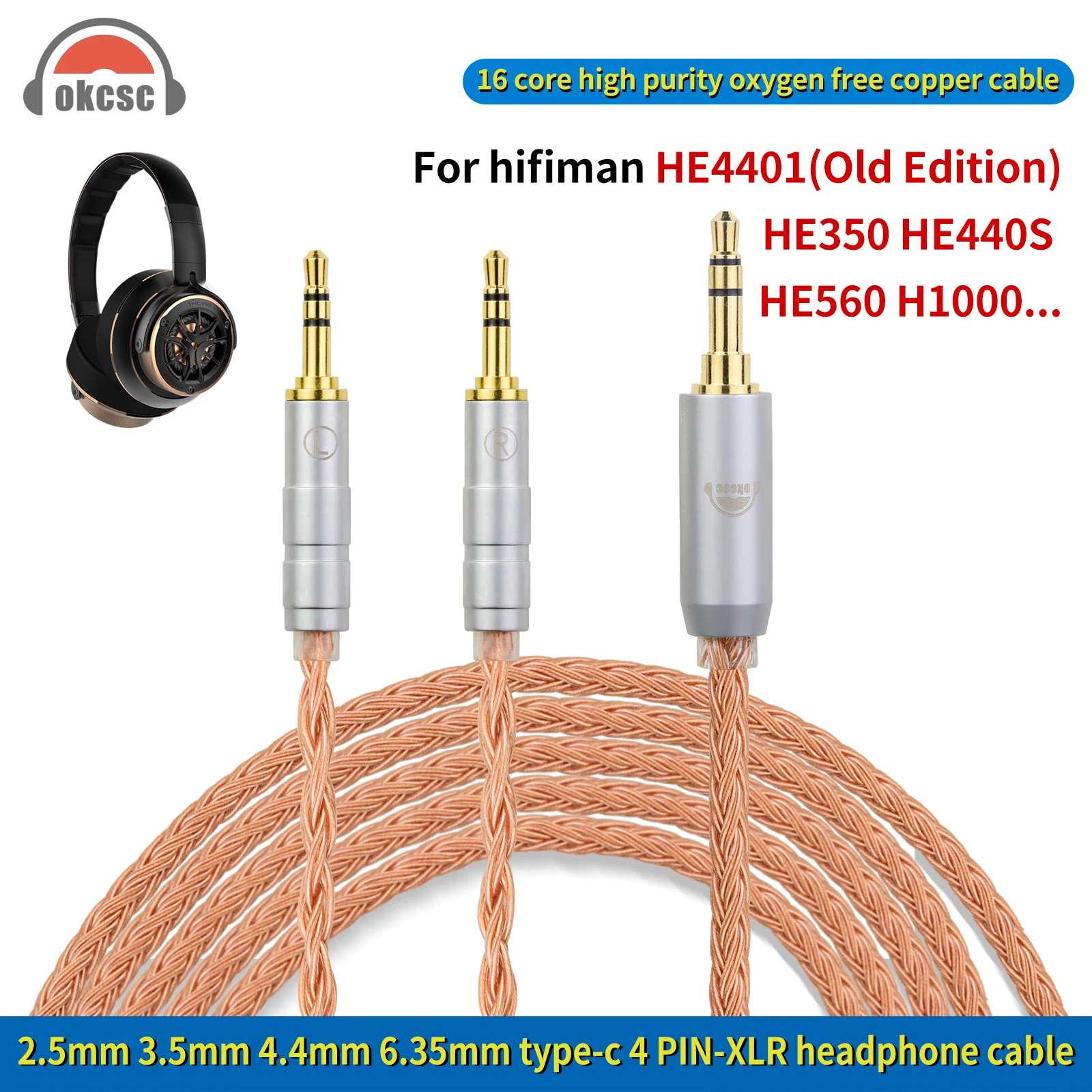 

OKCSC Dual 2.5mm Standard Balanced Headphone Cable for Hifiman HE4401 HE350 HE560 2.5mm/3.5mm/4.4mm/6.35mm/4 Pin XLR/Type-C Plug