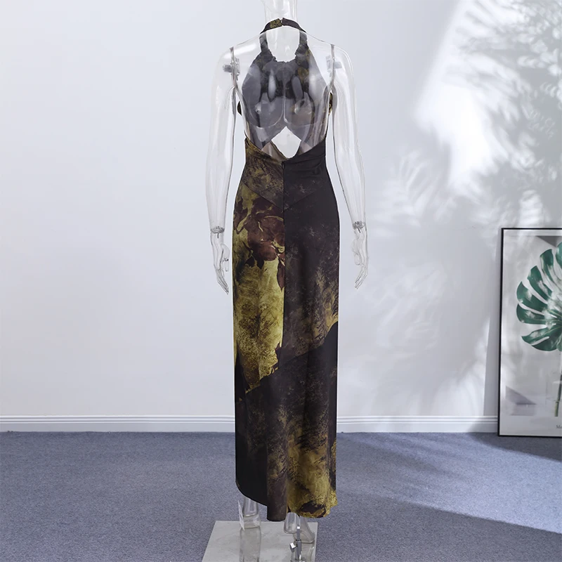 Gradient Printed Women's Maxi Dress Tie Halter Neck Front Chest Cut Out Midriff Hollow Full Bare Back Flared Fish Tail Skirt