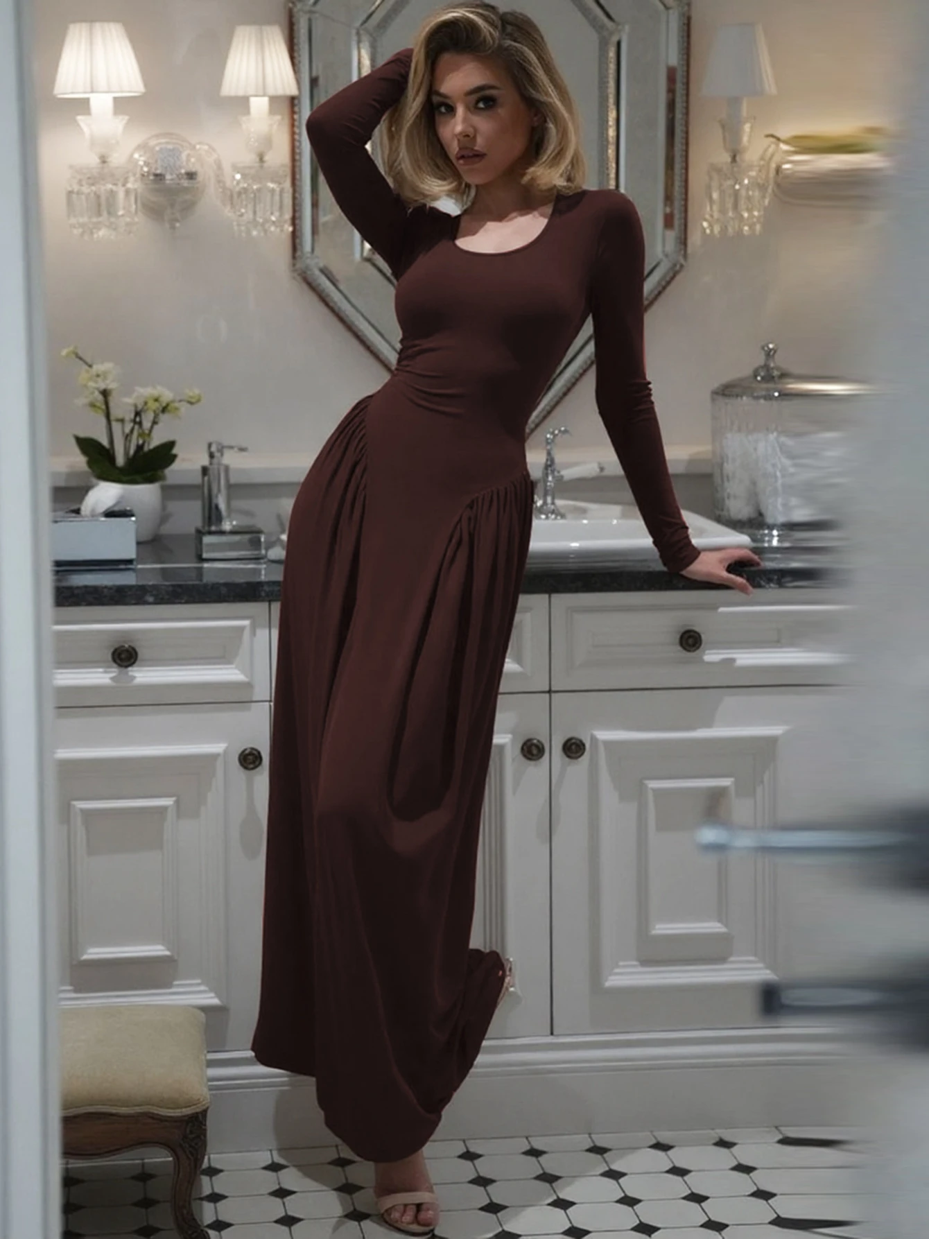 Dulzura الخريف موضة أنيقة U الرقبة طويلة الأكمام الدانتيل يصل الأشرطة مطوي فستان طويل المرأة الصلبة مثير الملابس نادي الحفلات الزي #5