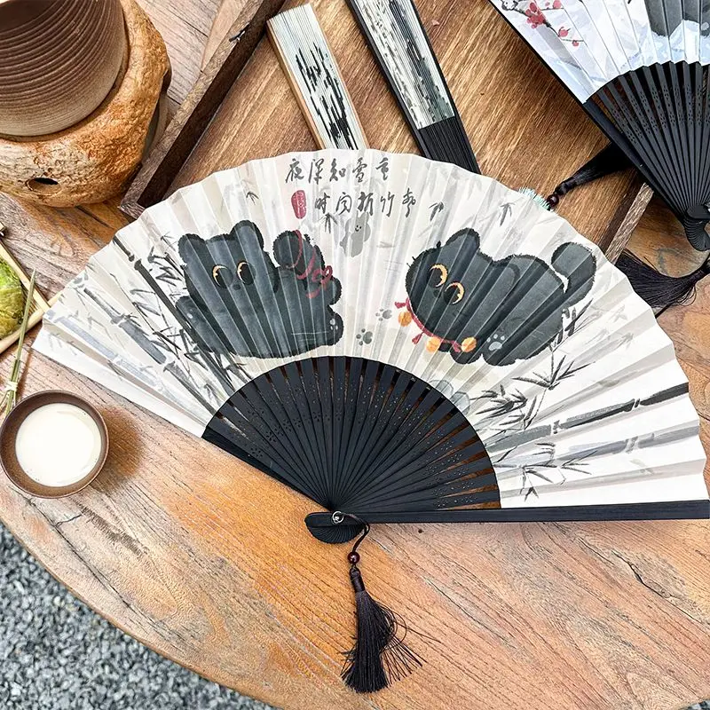 Paper Bamboo Folding Fan with Tassel Ink Painting Cartoon Pattern Summer Cooling Daily Fan for Photography Gift Lightweight
