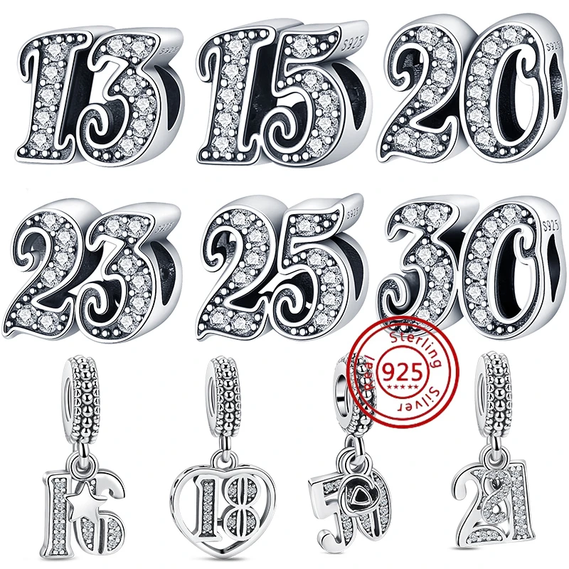 

925 Sterling Silver 18th 20th 25th Anniversary Figure Number Beads Fit Original Pandora Charm Bracelet DIY Jewelry Birthday Gift