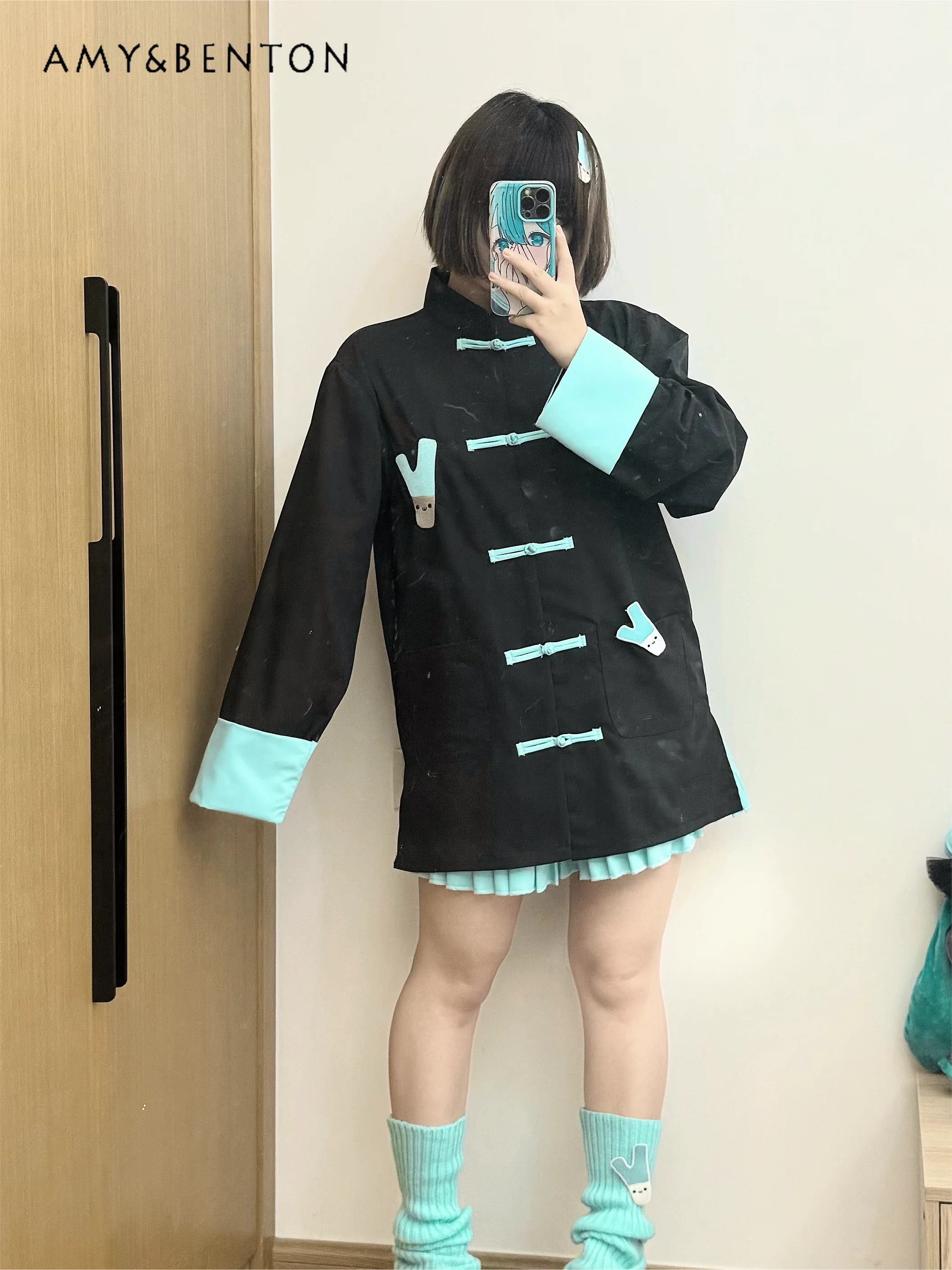 Subculture Cartoon Embroidery New Chinese Stand Collar Buckle Patchwork Long-sleeved Coat Autumn Gothic Retro Style Lolita Coats