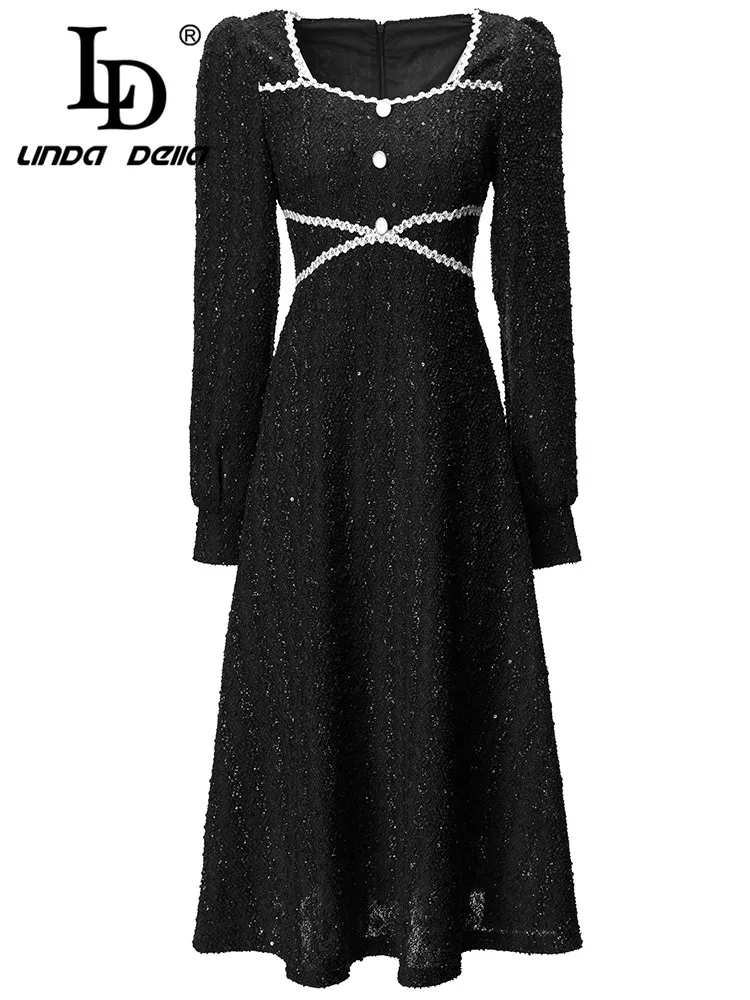 

LD LINDA DELLA 2023 Autumn Italian Luxury Dress Women's Black Square Collar Single-breasted High Waist Sequin Striped Dress