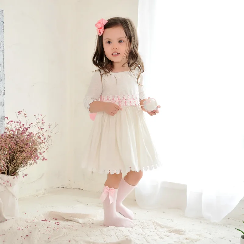 Baby Girl White Lace Dress Pink Waist Floral Crochet Spliced Birthday Party Dresses Toddler Princess Christening Formal Clothes