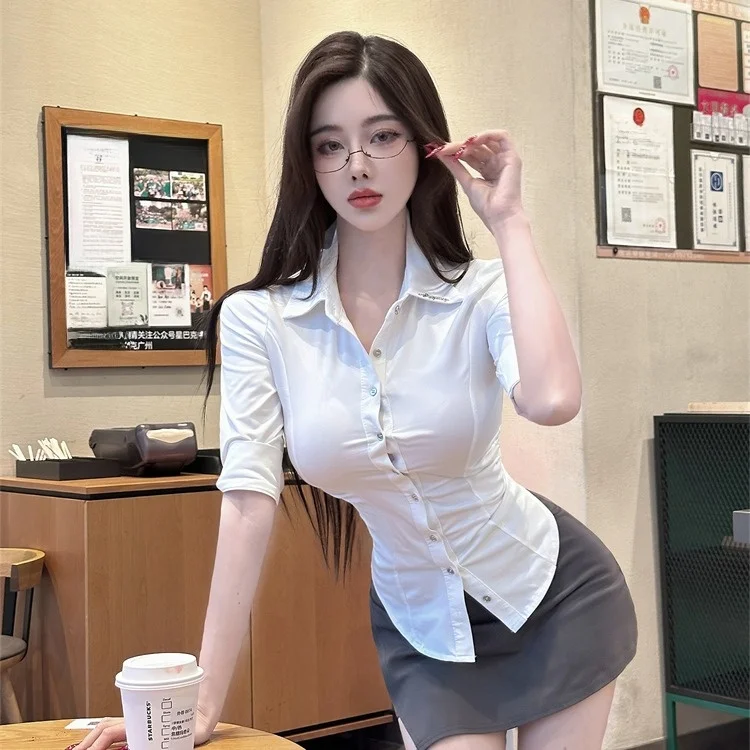 Pure Desire Slim Fit blanc irt Sexy Club haut automne nouveau femmes Faion à la mode boutonné décontracté irt régulier longueur Sve