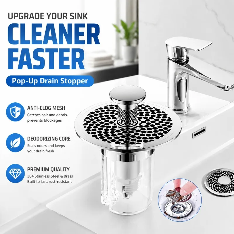 304 Basin Drain Device Brass Press Pop Up Core Strainer Blocks Insect Debris Prevents Clogging Leakage Odor Works for Wash Sink