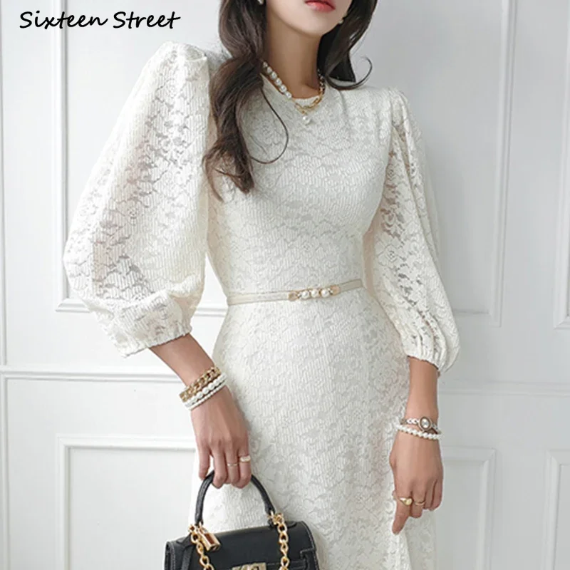 White Lace Dress Women Autumn Lantern Sleeve O-NECK Long Bodycon Dresses Loose Business Elegant Women's Clothing Party