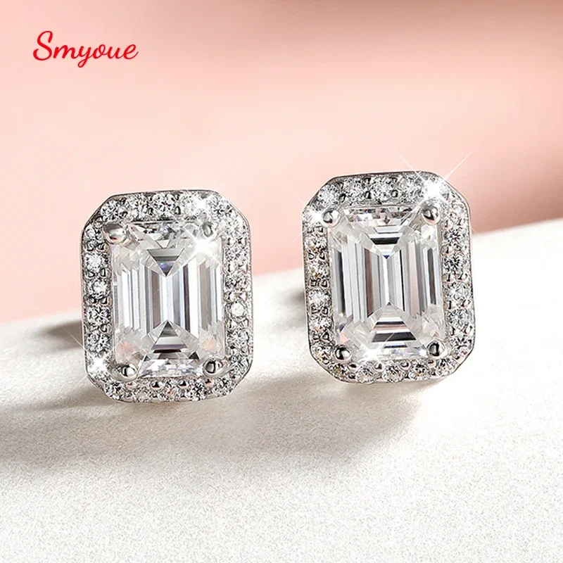 Smyoue Each 0.5CT 1CT 2CT Moissanite Stud Earrings for Women Emerald/radiant Cut Bridal Classic Jewelry 925 Pure Silver Earring