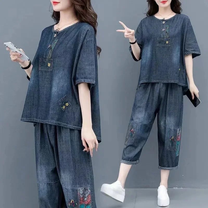 2024 Summer New Women\'s Denim Loose Fit Slim Fashion Two Piece Embroidered Western Style Casual Set For Female Trend