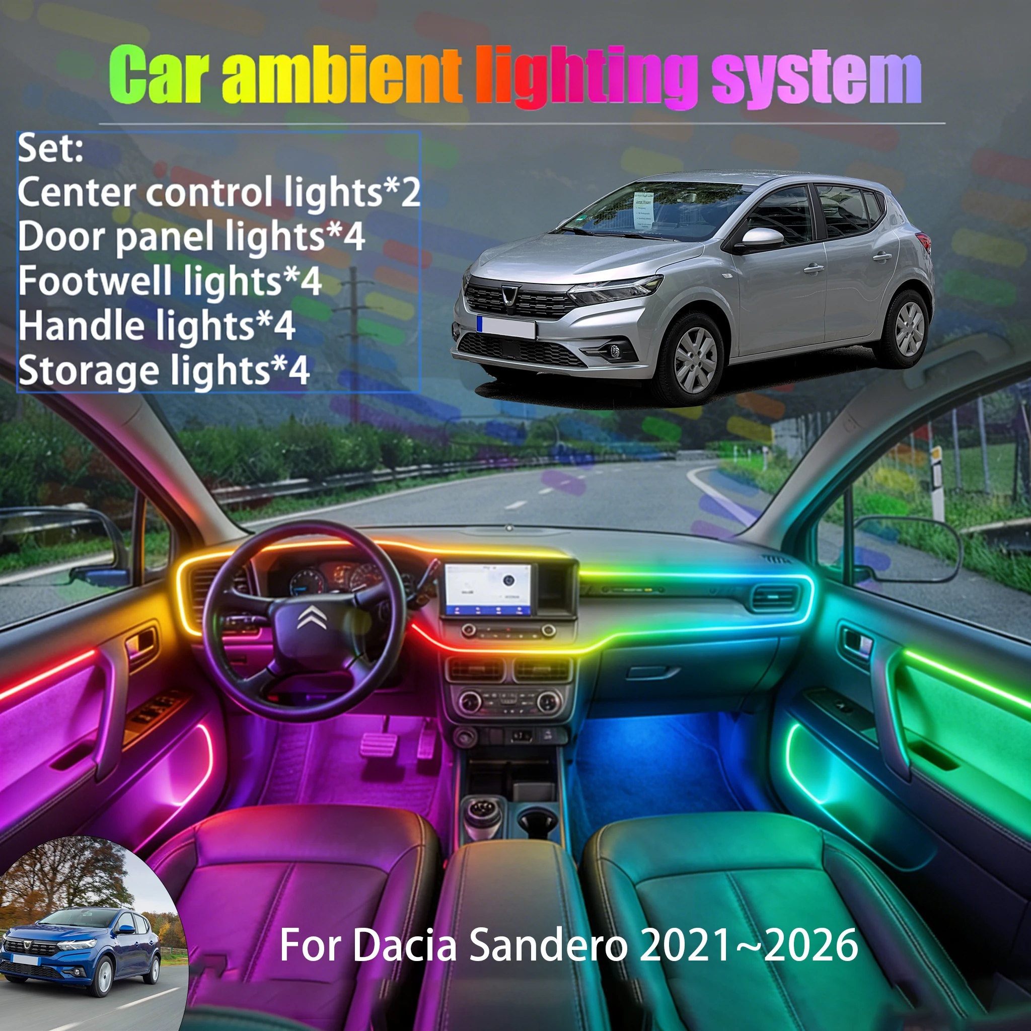 

Для Dacia Sandero 2021~2026 MK3: Комплект светодиодной подсветки салона и багажника (2/18 в 1), USB RGB, с эффектом бегущих огней, автозапчасть
