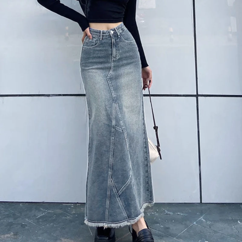 Denim Blue Long Skirts Women Sexy Vintage Frayed Bleached Fashion High Street A-line Casual Personality Ulzzang All-match Faldas