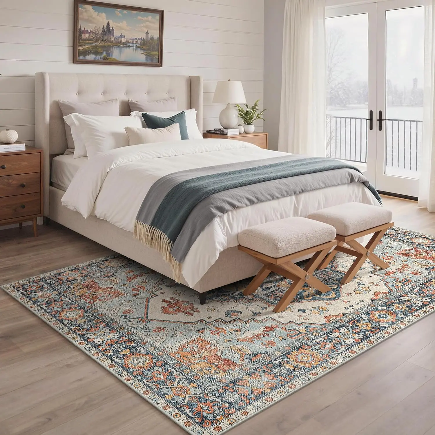 Large 8x10 Boho Vintage Blue Amber Area Rug Washable Lightweight Non Slip Carpet for Bedroom Office Dining Room Home Decor