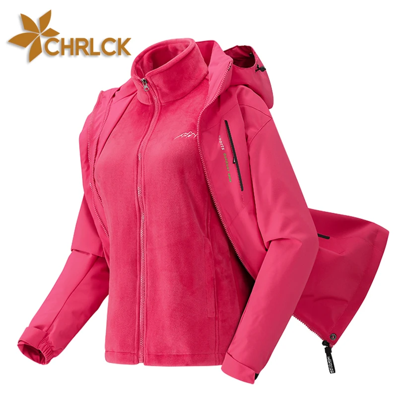 CHRLCK Women\'s 3 In 1 Thick Hiking Jacket Fleece Waterproof Winter Windbreaker Outdoor Warm Camping Jacket Windproof Coats