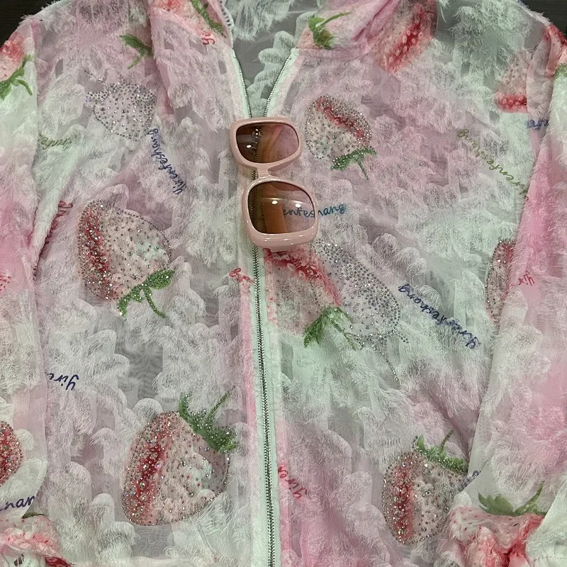 2025 Summer New Tassel Heavy Industry Hot Diamond Strawberry Long Sleeve Fashion Casual Style Shirt Top Hooded Shirt For Women