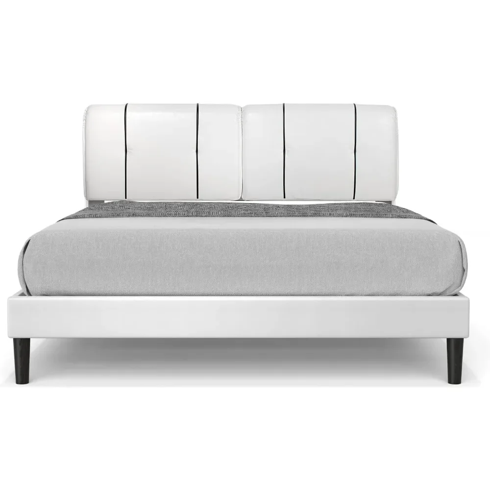 Queen Size Bed Frame Upholstered Low Profile Modern Platform Bed with Faux Leather Headboard/No Box Spring Needed Beds