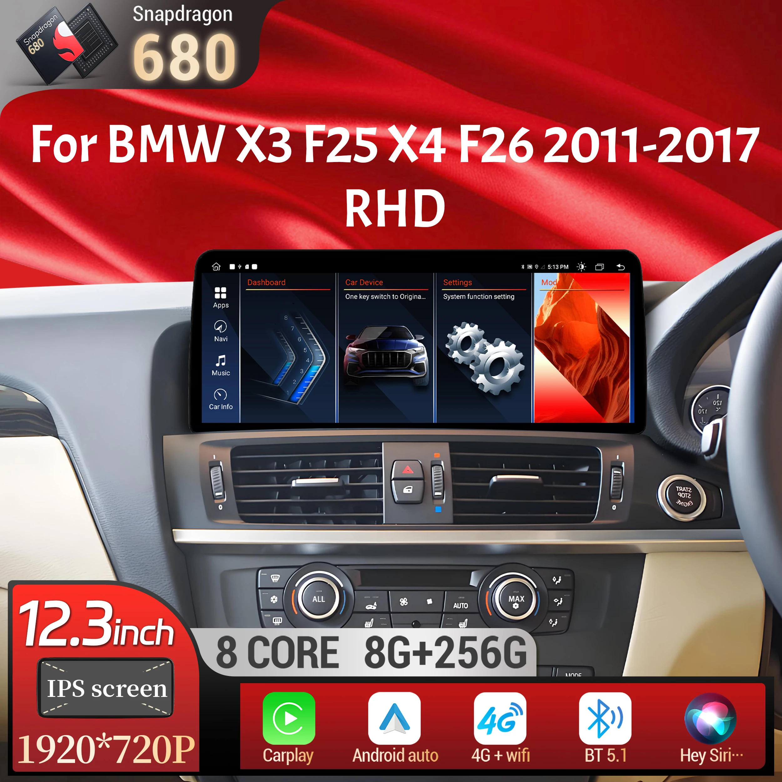 12.3 inch Right Hand Drive Android 13 For BMW X3 F25 X4 F26 2011-2017 Car Radio Wireless BT Carplay Snapdragon 680 Touch Screen