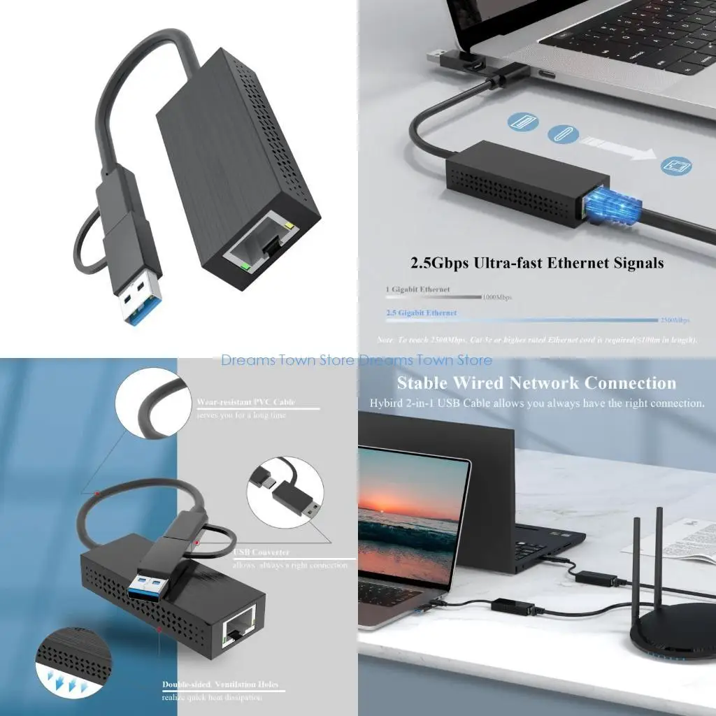 

HX6A Durability 2.5Gbps Ethernet Adapter Compatibles USB and Type C Port Long Time Use Providing Stable Networking