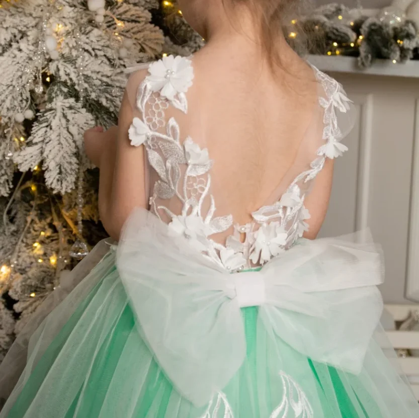 Vestido de tul verde para niña de las flores, traje de encaje blanco con lazo para boda, fiesta de cumpleaños, primera comunión, 12M, 24M, 4T 6T