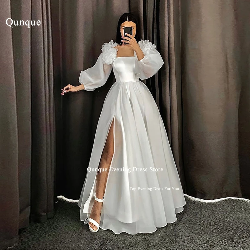 

Qjall модное свадебное платье без бретелек из органзы со съемными пышными рукавами и цветочным принтом трапециевидной формы с разрезом свадебные платья Robe De Mariage по индивидуальному заказу