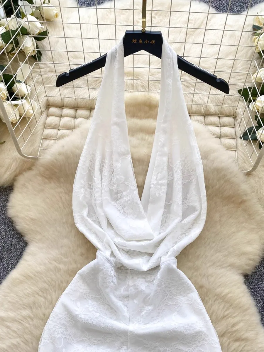 Foamlina 2025 ฤดูร้อนสาวเซ็กซี่ร้อน Cowl คอ Halter สายคล้องลูกไม้กางเกง Jumpsuit ยุโรป High Street ร้อนผู้หญิง bodysuit