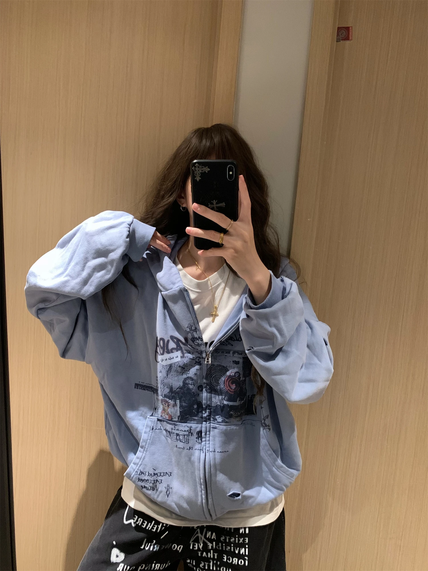 Y2K Grunge Aesthetic Light Blue Distressed Full Zip Hoodie Women Vintage Graphic Oversized Long Sleeve Casual Sweatshirt