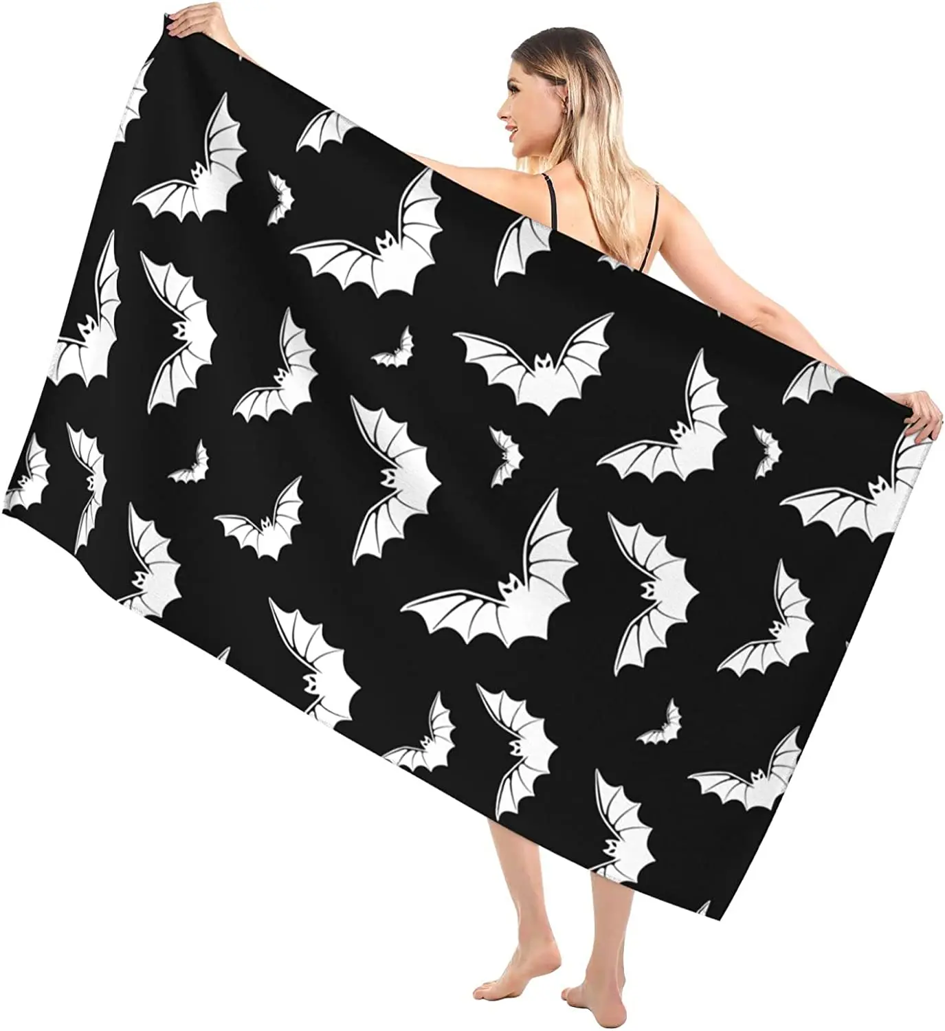 Microfiber Gothic Bat Beach Towel Funny Halloween Bats Goth Retro Black and White Bath Towels Pool Swim Towel Travel Bathroom