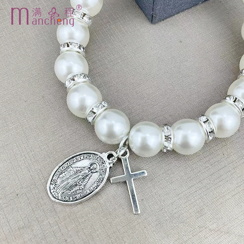 official-website cheap stuff under 30 cents Pearl Cross Jesus Pendant bracelet rosary Prayer beads conjuntos femininos elegante