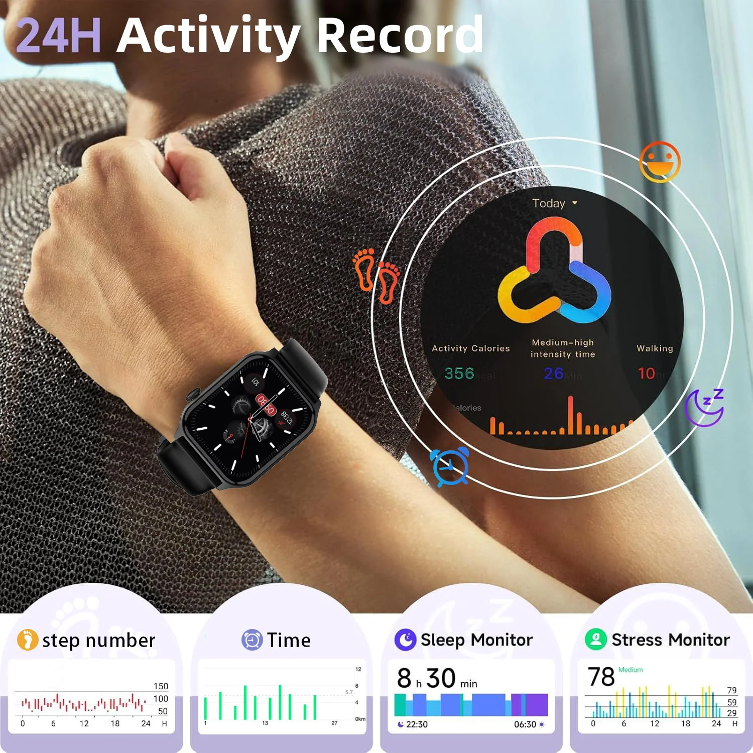 PEJE 남성용 및 여성용 다기능 스마트 시계 고품질 - 4.65cm 화면, Watsapp 메시지 알림 지원