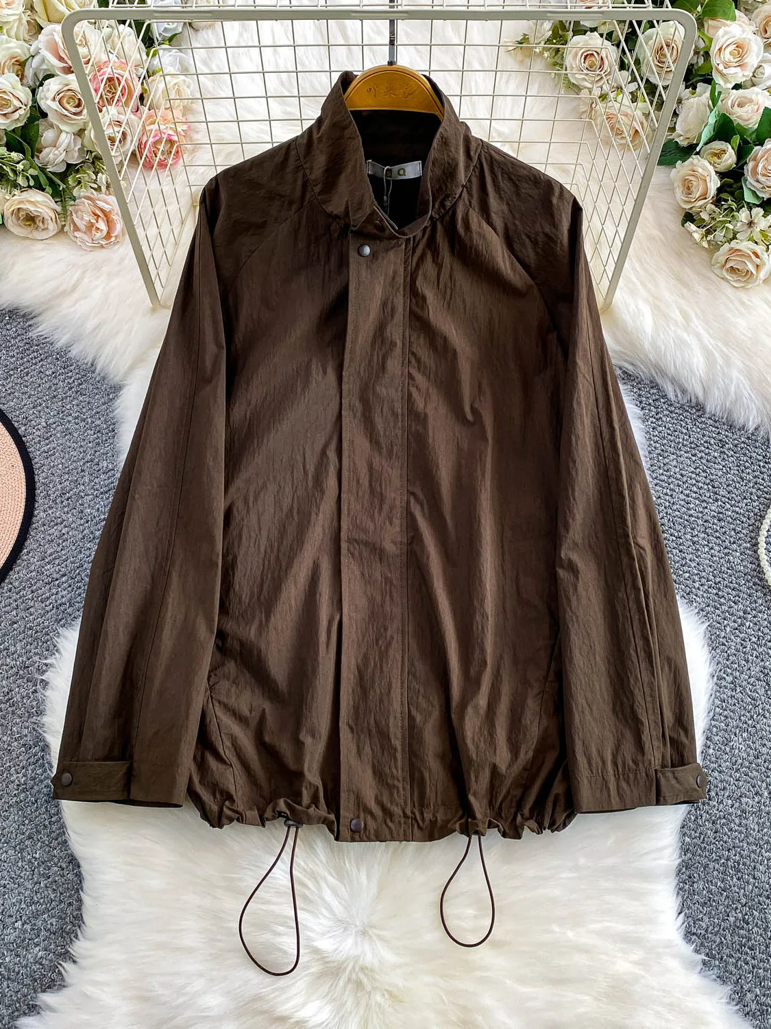 Zonbescherming Casual Lange Sve Turn-down Kraag Dames irt Herfst Winter Losse Dstring Topjas voor dagelijks gebruik