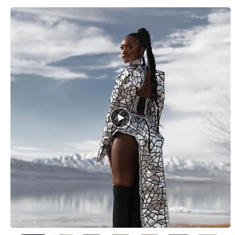 

Nightclub Party Stage Show Wear Silver Sequins High Slit Dresses Black Women Dancer Singer Performance Reflective Costume