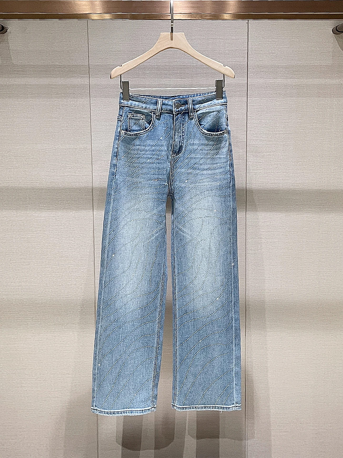 

High Waist Straight Leg Denim Jeans Design Trendy Heavy Rhinestone Casual Versatile Wide Leg Pants American Retro Sle