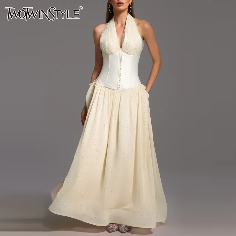 

TWOTWINSTYLE Solid Spliced Folds Slimming Dresses For Women V Neck Sleeveless Tunic Temperament Minimalist Dress Female Style