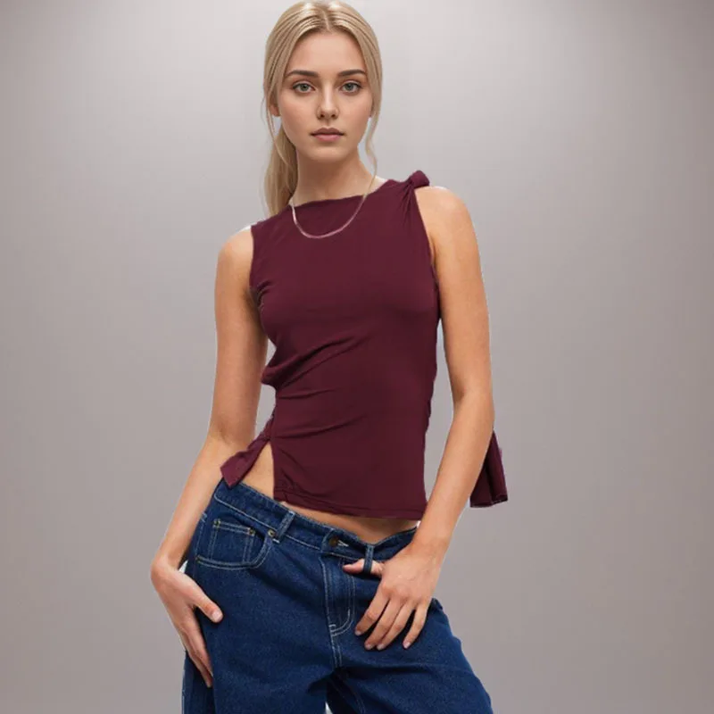 Apprabant Solid Round Neck Sleeveless Top Sexy Hollow Out Backless Split Button Slim Fit Sweet Cool Spliced  Pullover T-shirt