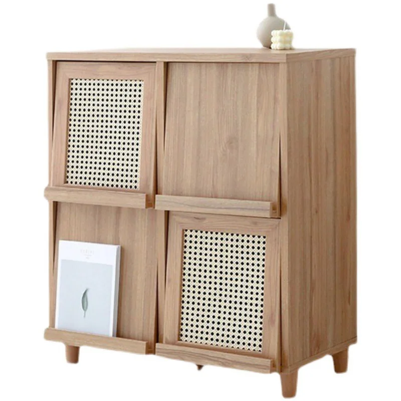 Japanese-style solid wood bookcase ins modern simple multi-functional rattan storage storage cabinet household living