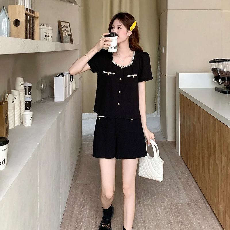 

Women's summer outfit new 2025 casual slimming solid color top loose wide leg pants small fragrant style two-piece set