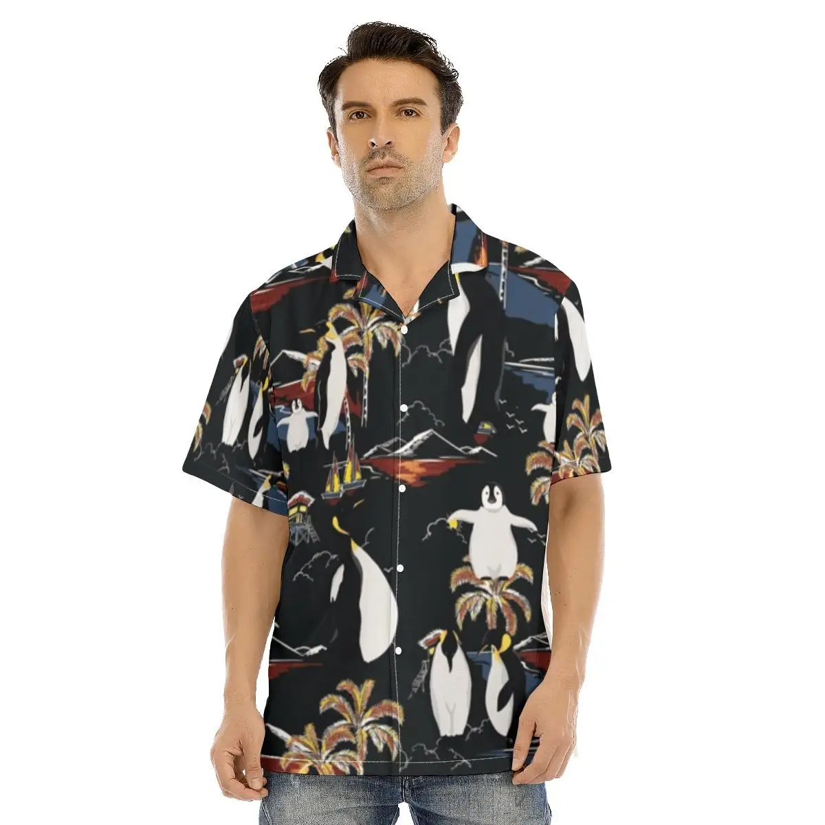 

New Summer Shirt for Men Kawaii Penguin Print Buttons Soft Breathable Hawaiian Fashion Short Sleeve Shirts Tops