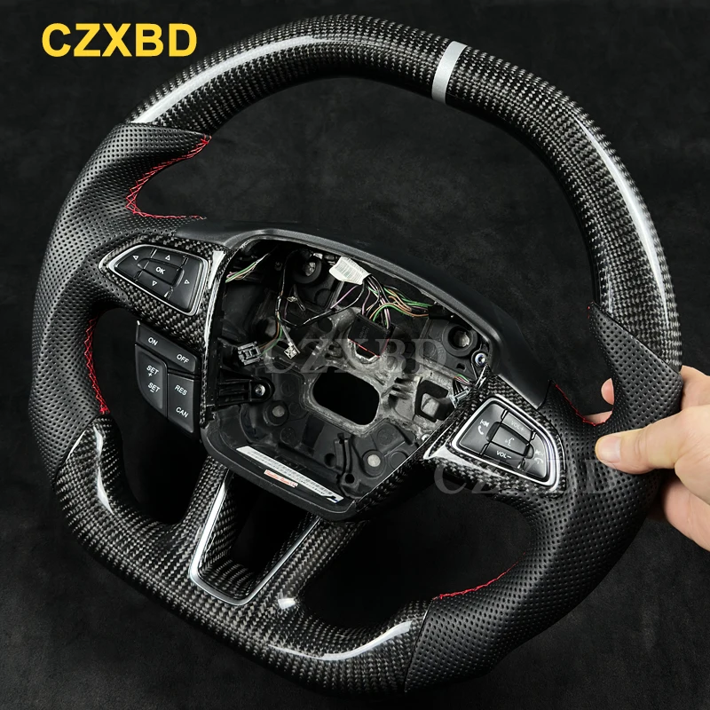 

For Ford KUGA 2018 Glossy Black Carbon Fiber Steering Wheel Black Perforated Leather with Shifter Paddles Holes Customized