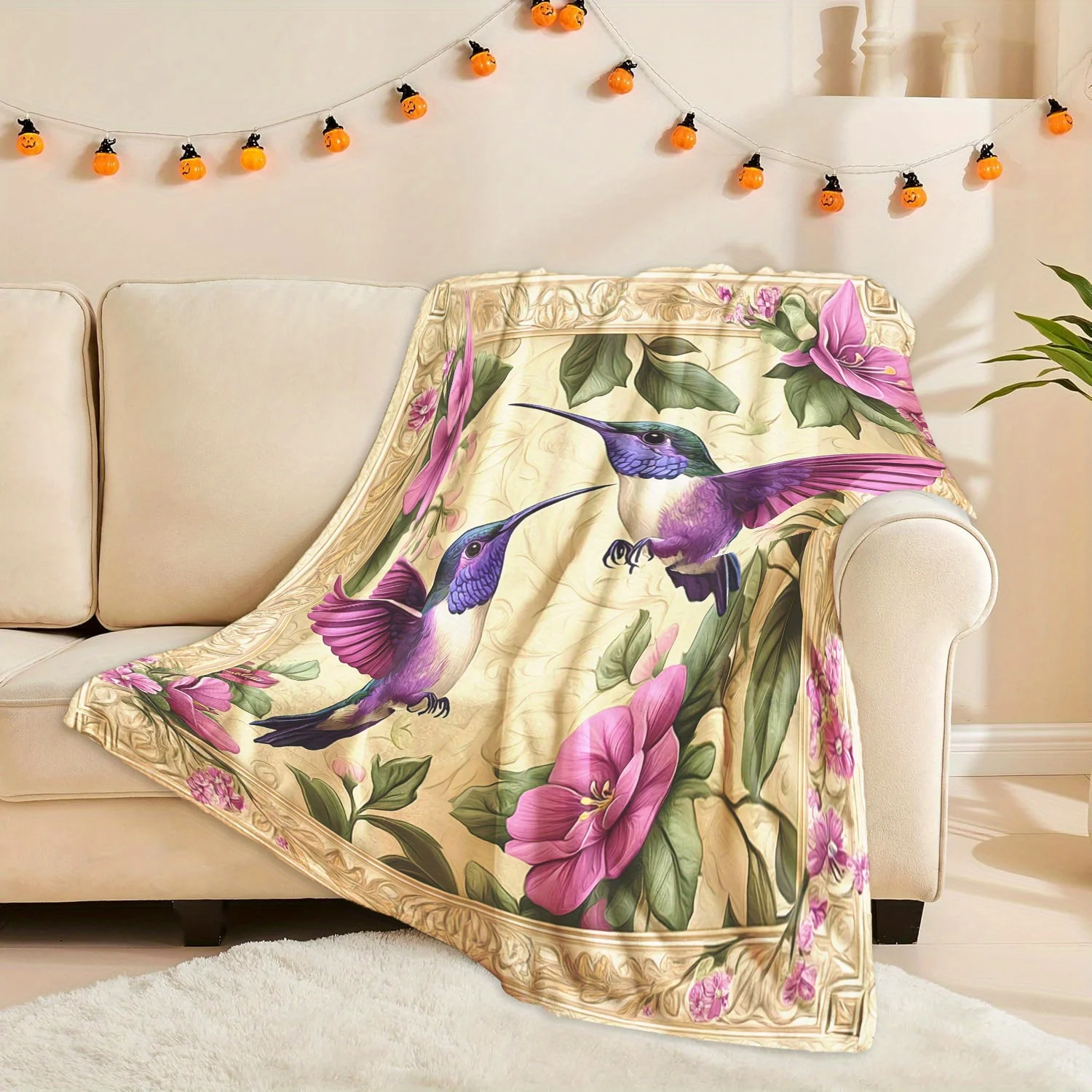 Soft and Warm Print Blanket, Hummingbirds and Flowers Pattern,Gifts for Friends, Family, and Lovers for Cars, Office Home Decor