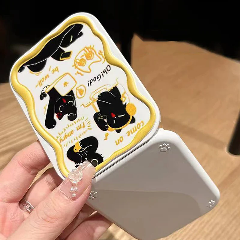 Cartoon Black Cat Pattern Flip-Top Folding Makeup Mirror Portable Pocket Mirror Rectangle Cosmetic Mirror With Comb For Women