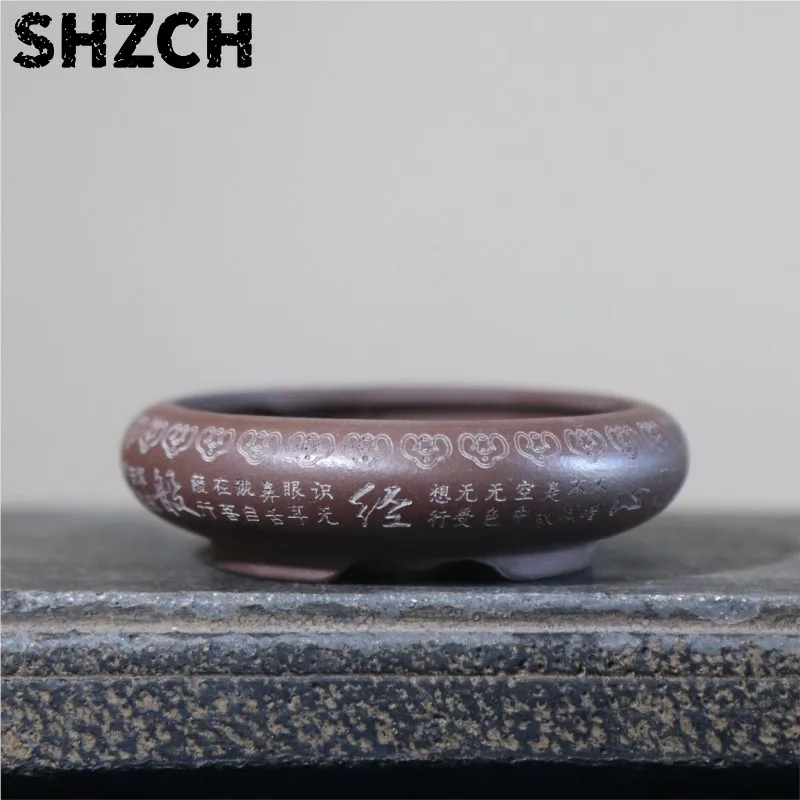 Purple Clay Flower  Hand Carved Flower  Prajna Paramita Heart Sutra Handmade  Palm Sized Bonsai  Round Miniature