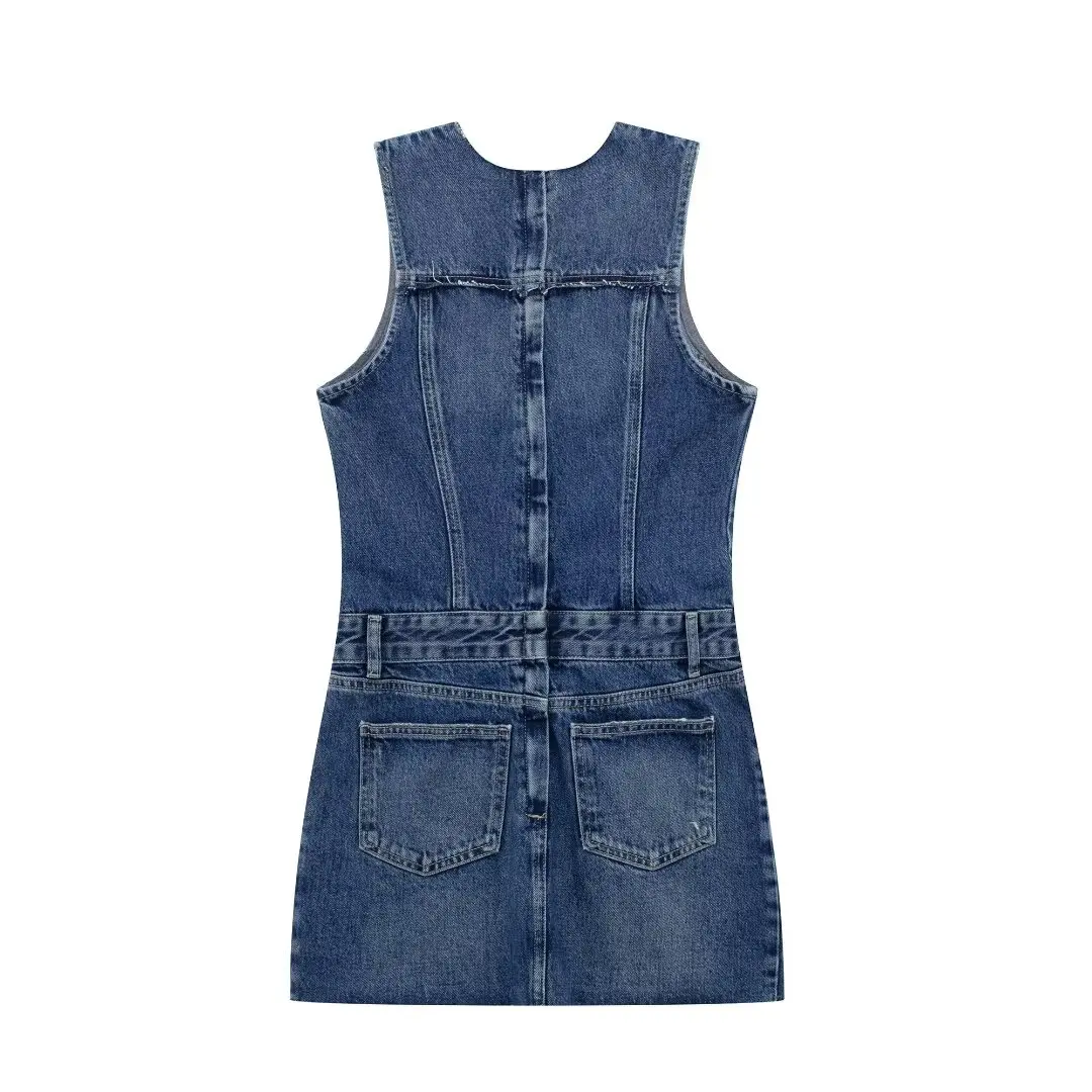 Women's 2024 New Chic Temperament Fashion Patchwork Design Denim Mini Dress Retro Sleeveless Women's Dress Mujer