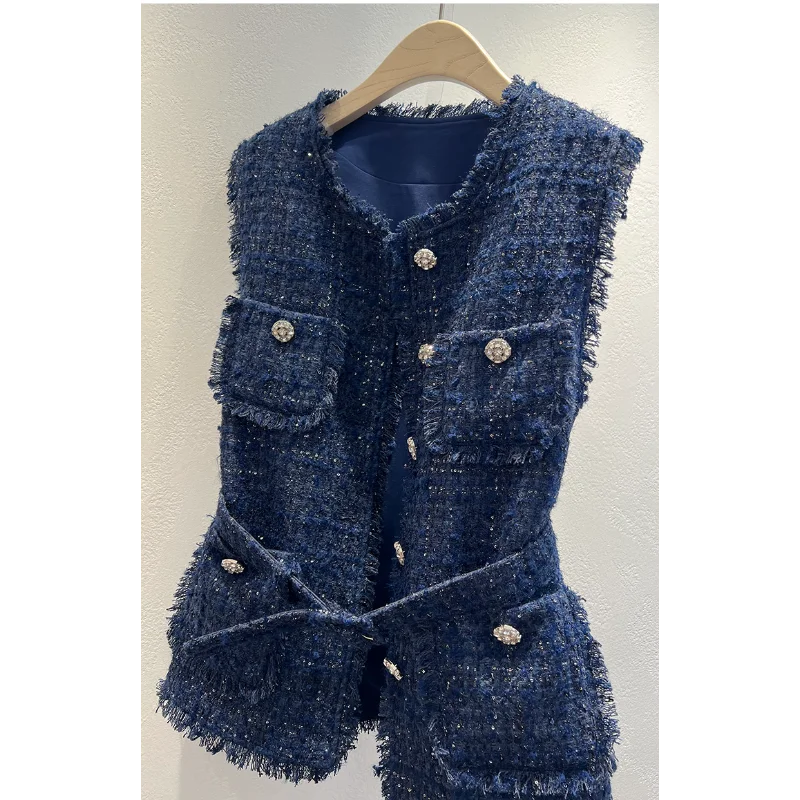 High Quality Round-necked Vest Women Small Fragrance Waistband Diamond-studded Buttons Sleeveless Casual Lady Tweed Jacket