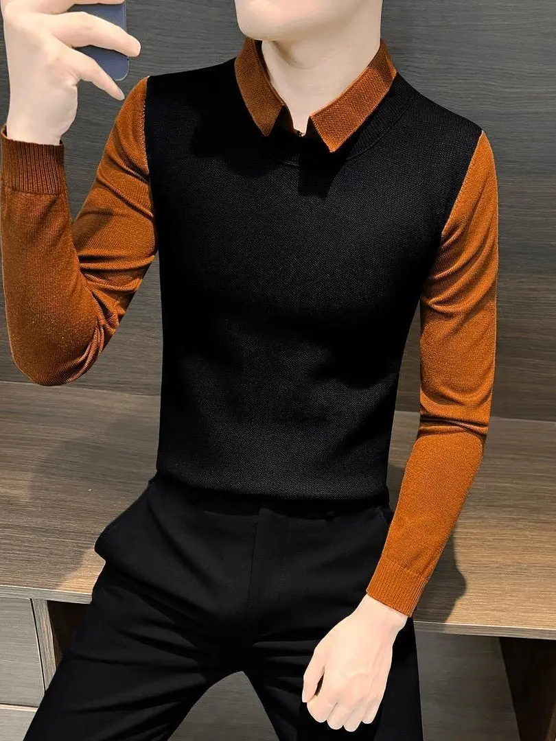 

Men's Knitted irt Sweater Autumn Winter 2025 New Sle Color Blo Briti Sle Casual Long Sve Warm Soft Polyester