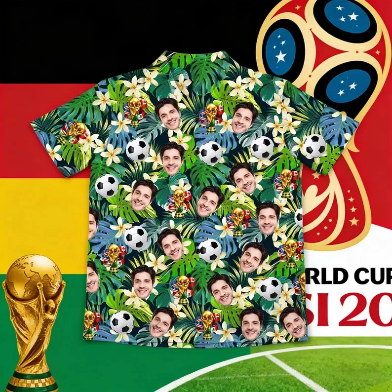 

Custom Face Football Hawaiian Shirt For Men Personalized Soccer Football Print Short Sleeve Button Down Beach Shirt For Fans