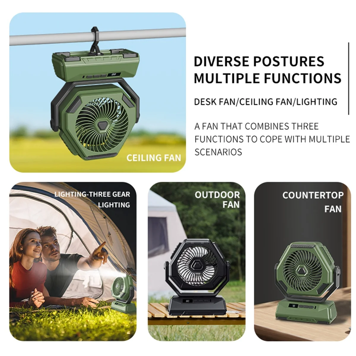 مروحة التخييم مروحة التخييم في الهواء الطلق 6000MAh قابلة للشحن السقف تتأرجح مروحة مكيف الهواء المحمول مبرد الهواء مع الإضاءة-B