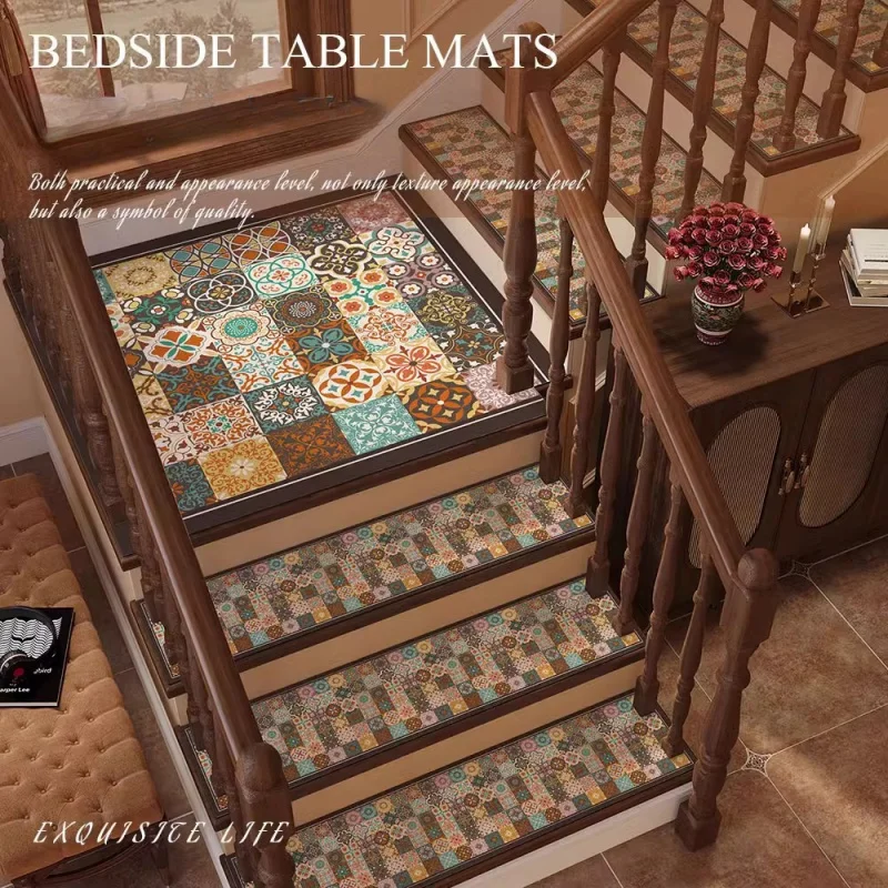 Rubber & Diatom Mud Stair Treads Non Slip Self Adhesive Absorbent Shockproof Indoor Stair Step Mat Vintage Printed Rug